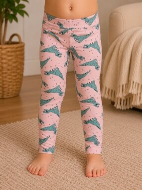 💜LuLaRoe Kids S/M Pink Green Dinosaur Print Soft Stretch Leggings Size 4/5
